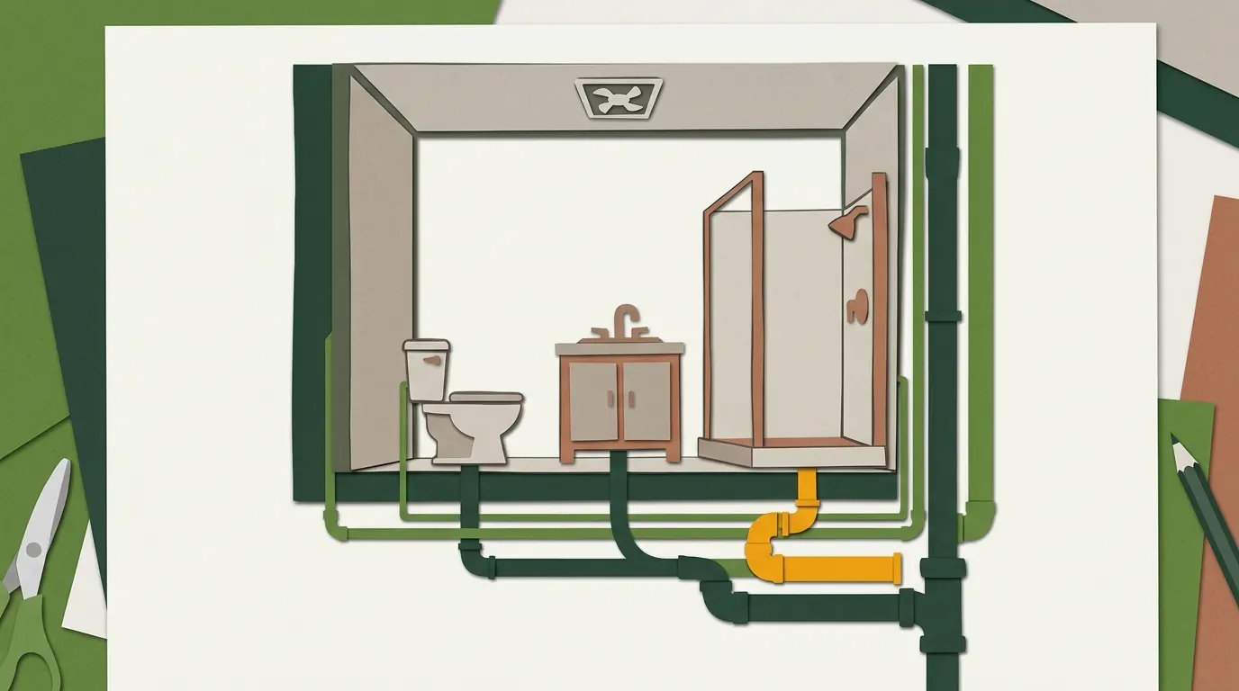 Cutaway of a bathroom showing the toilet, vanity, shower and fan, with the pipes behind the wall and one drain being moved
