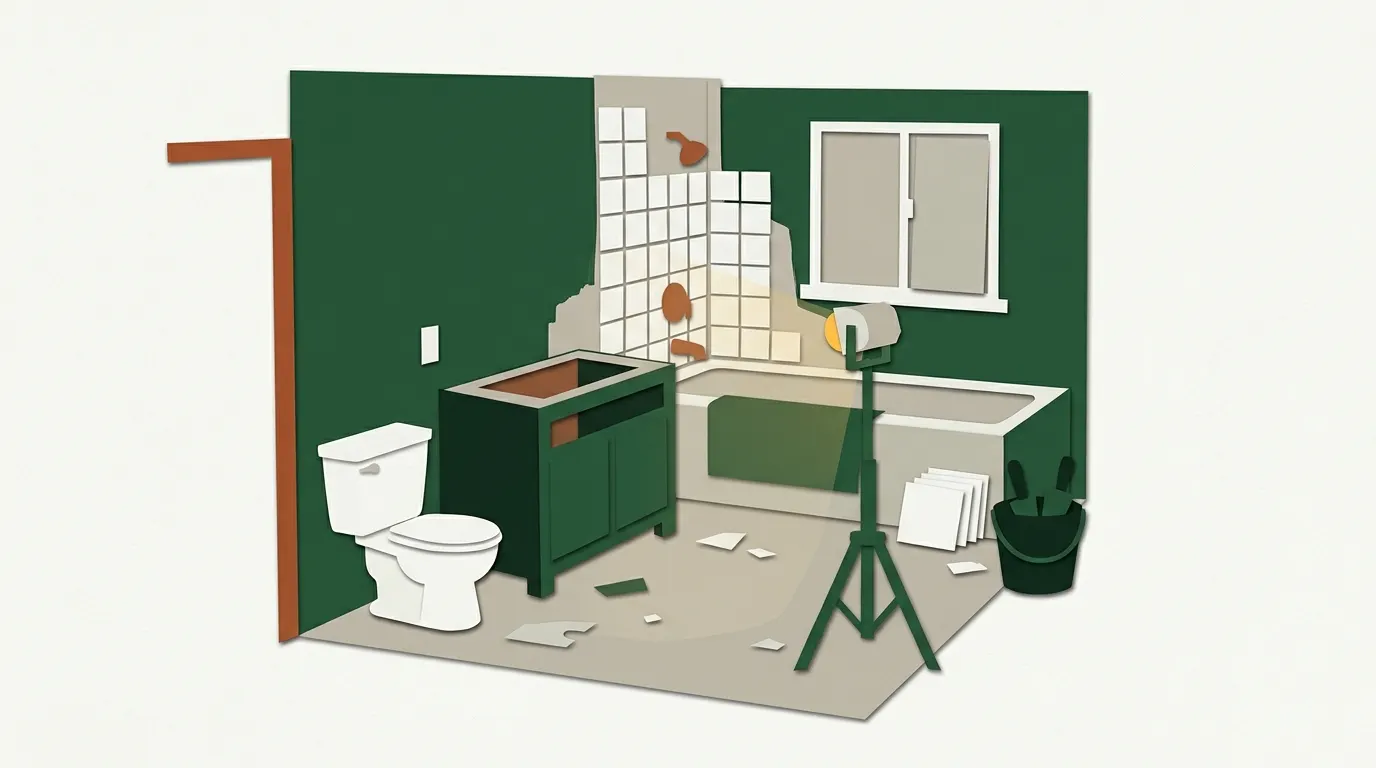 A bathroom in the middle of a remodel, with a new vanity, a half-tiled shower wall, a tub and a stack of tiles