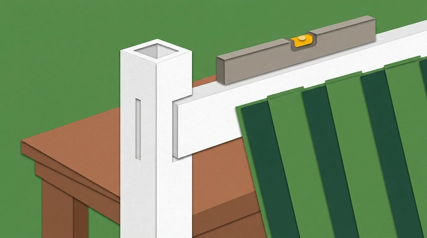 A hollow white vinyl fence post with routed slots and a rail sliding in, panels and a level nearby
