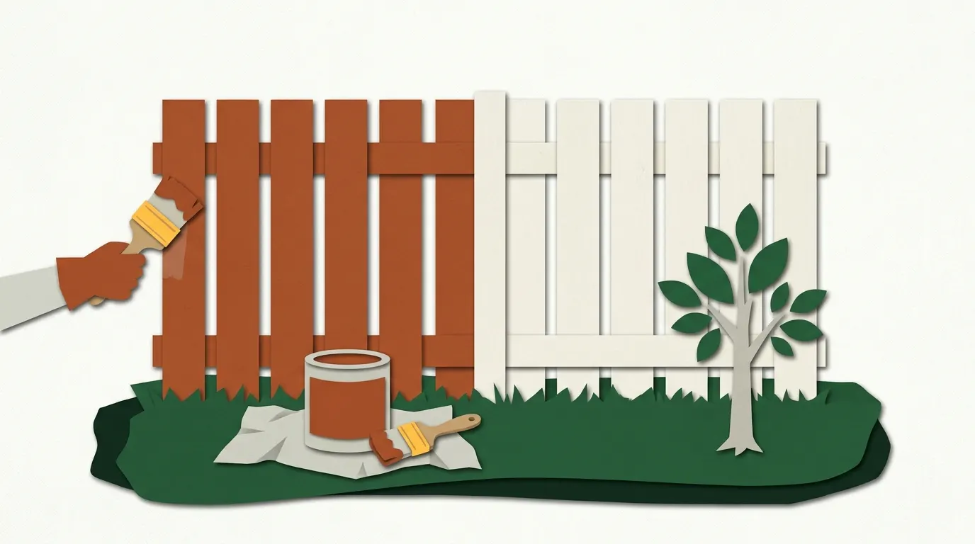 A new wood privacy fence, half raw and half stained brown, with an unlabeled stain can and brush on a drop cloth