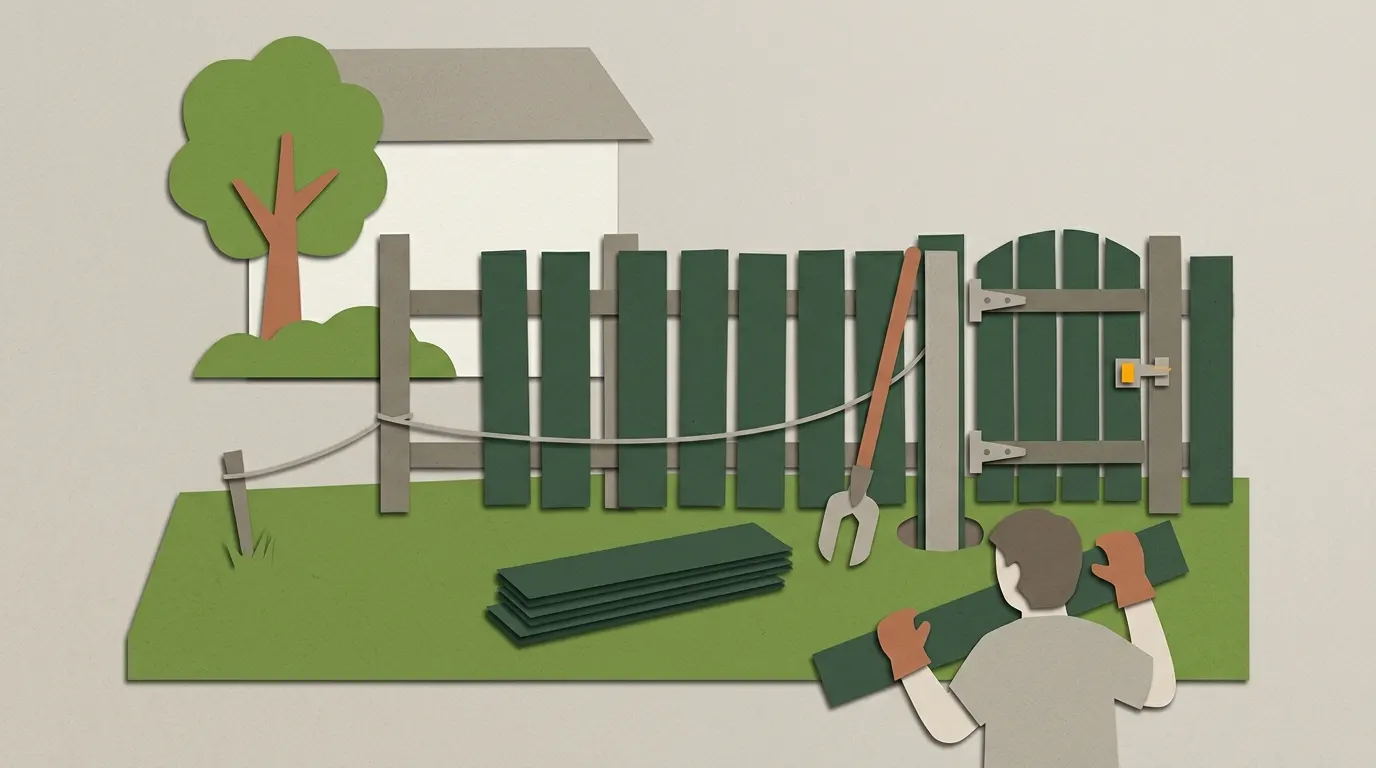 A new wood privacy fence being installed in a backyard, with stacked boards, a string line and a gate