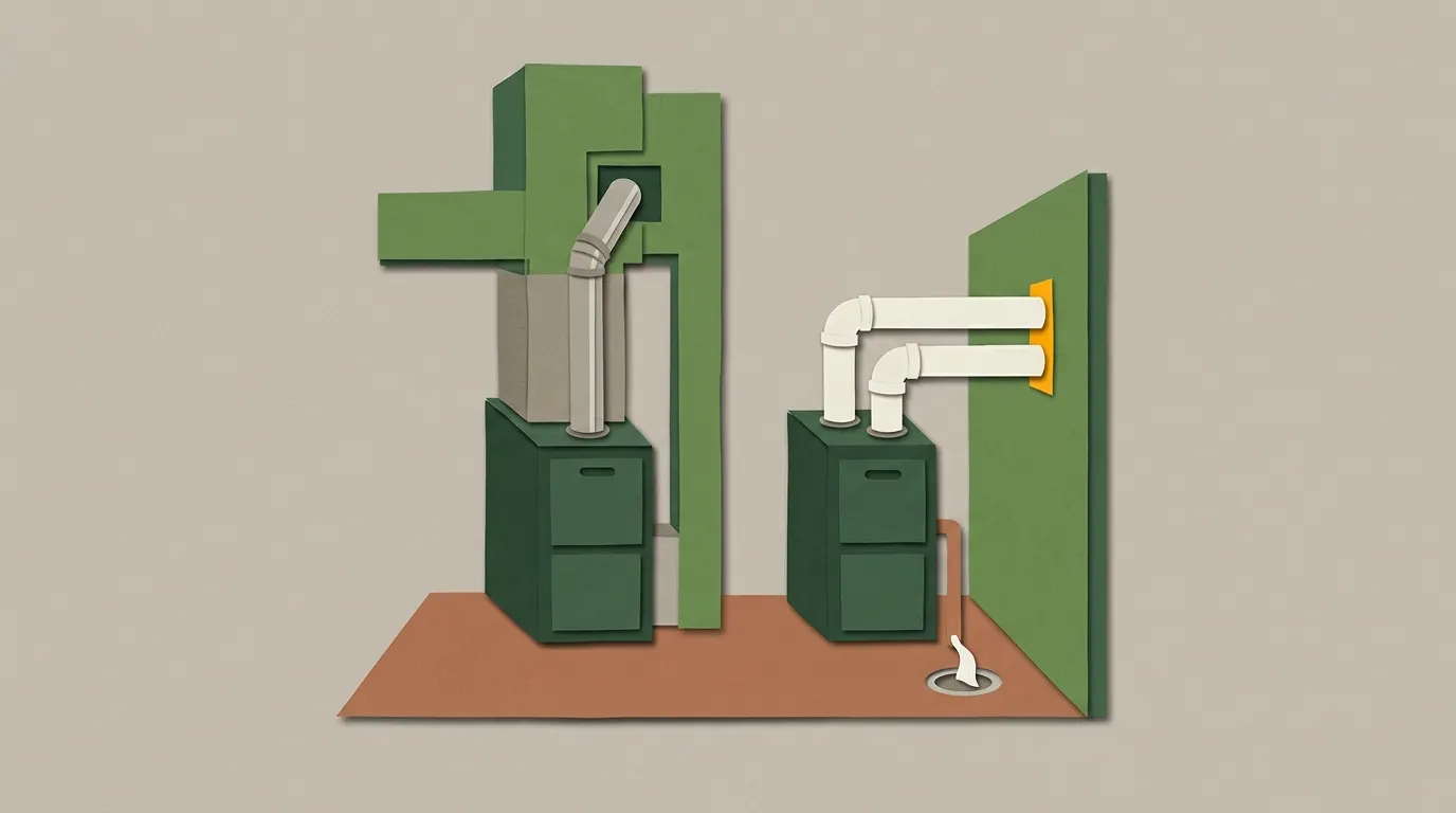 Two furnaces side by side: one venting through a metal flue into a chimney, one with plastic pipes out the side wall