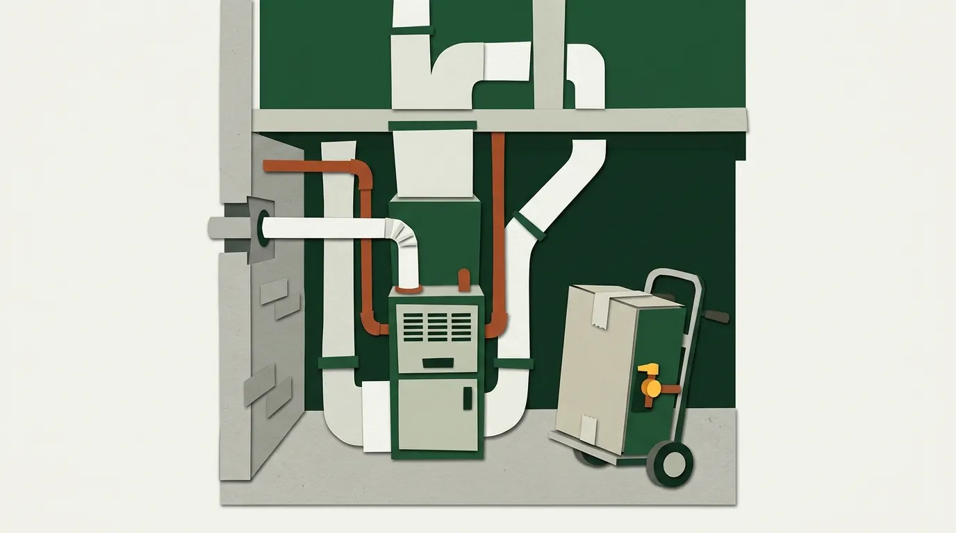 Cutaway of a basement furnace with supply and return ducts and a vent pipe, with a new furnace waiting beside it