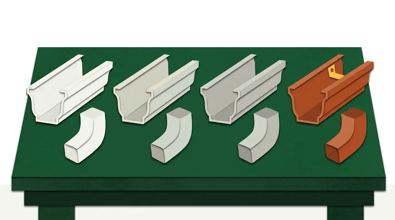 Four gutter materials side by side: white vinyl, painted aluminum, grey steel and copper