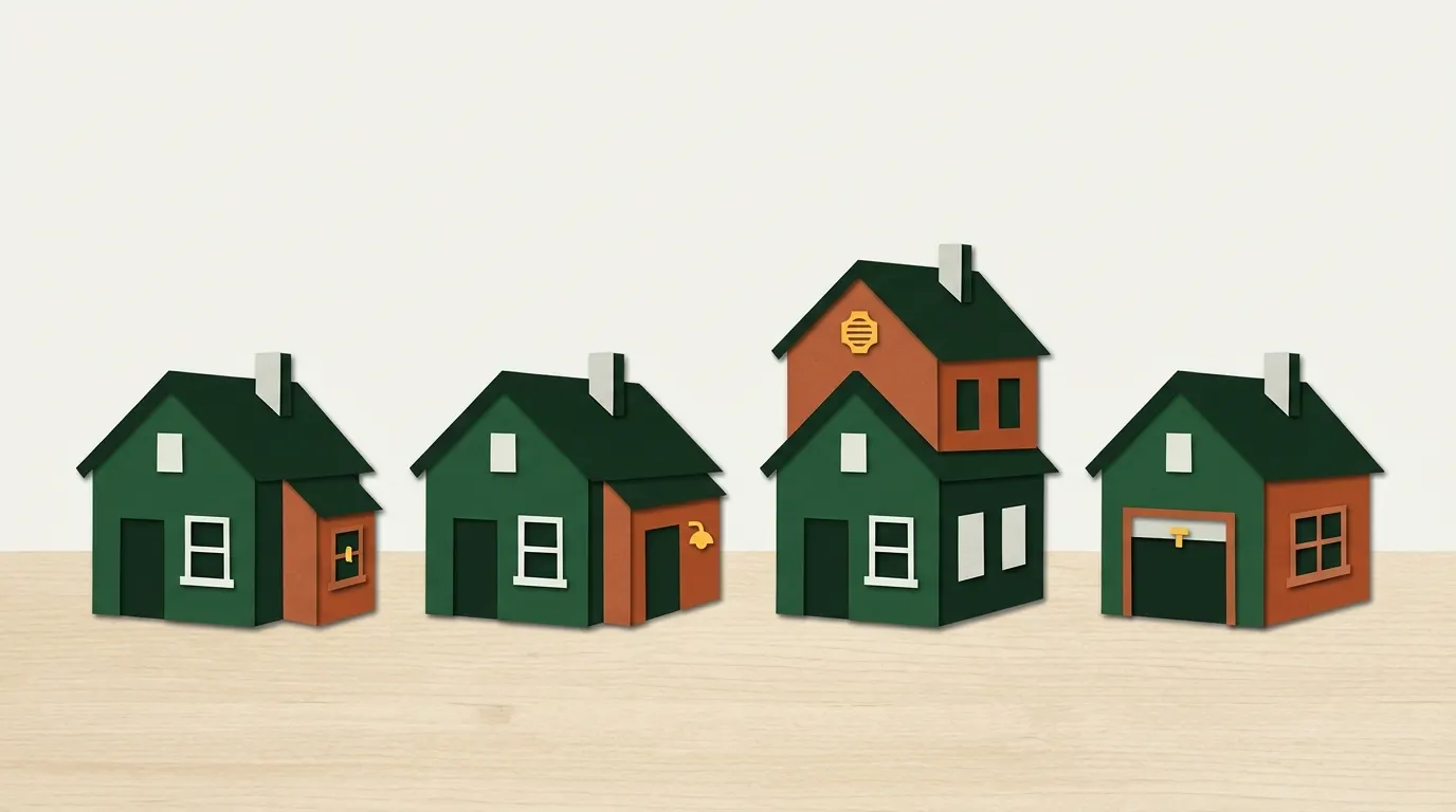 Four types of home addition side by side: a bump-out, a room addition, a second story and a garage conversion