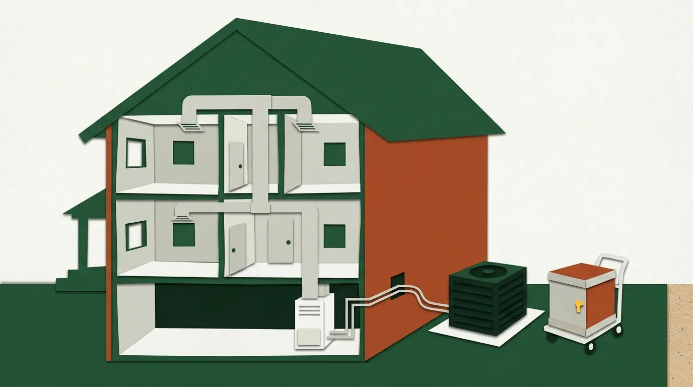 Cutaway of a house with an outdoor AC unit, indoor air handler and ducts, and a new unit waiting to be installed