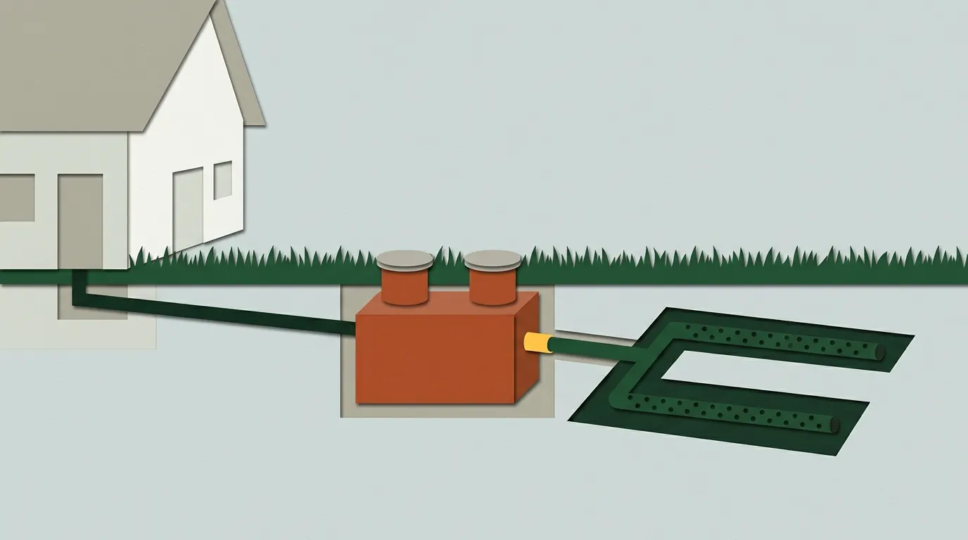 Cutaway diagram of a septic system: house, buried septic tank and a drain field of pipes in gravel trenches