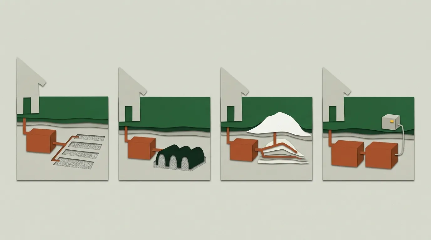 Four septic system types in cutaway: conventional gravel trenches, plastic chambers, a raised mound and an aerobic unit