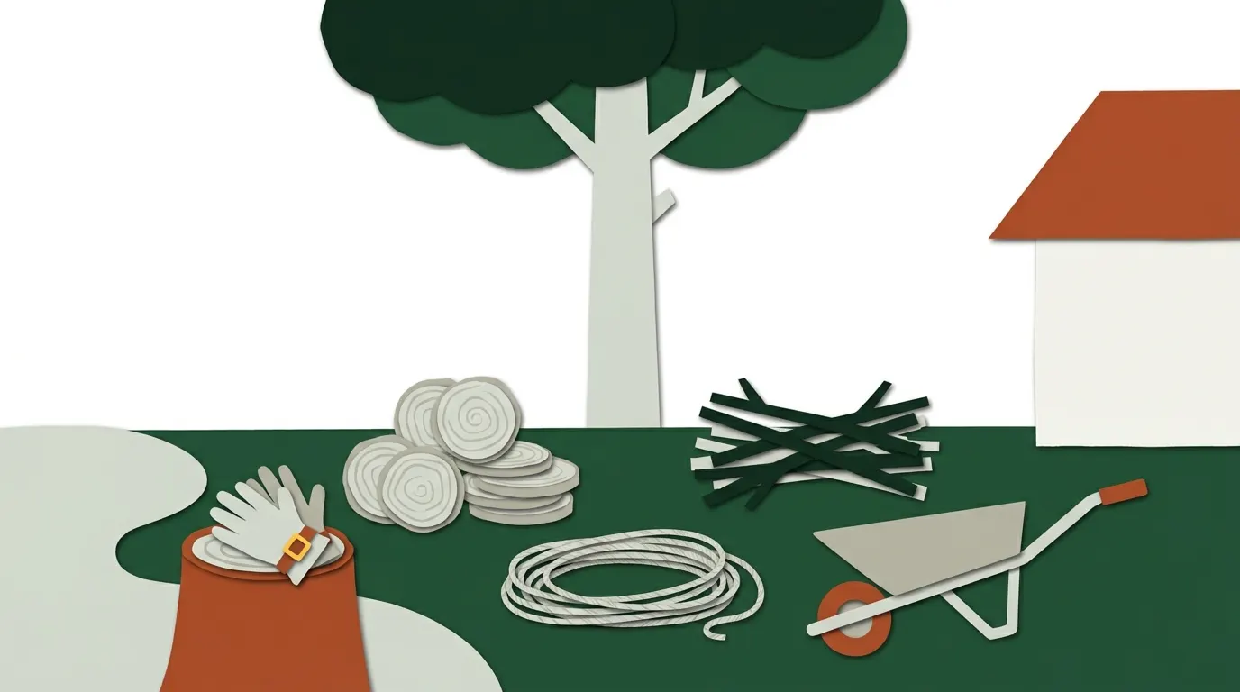A backyard tree with lower limbs cut back, stacked log rounds, a rope and a wheelbarrow on the lawn