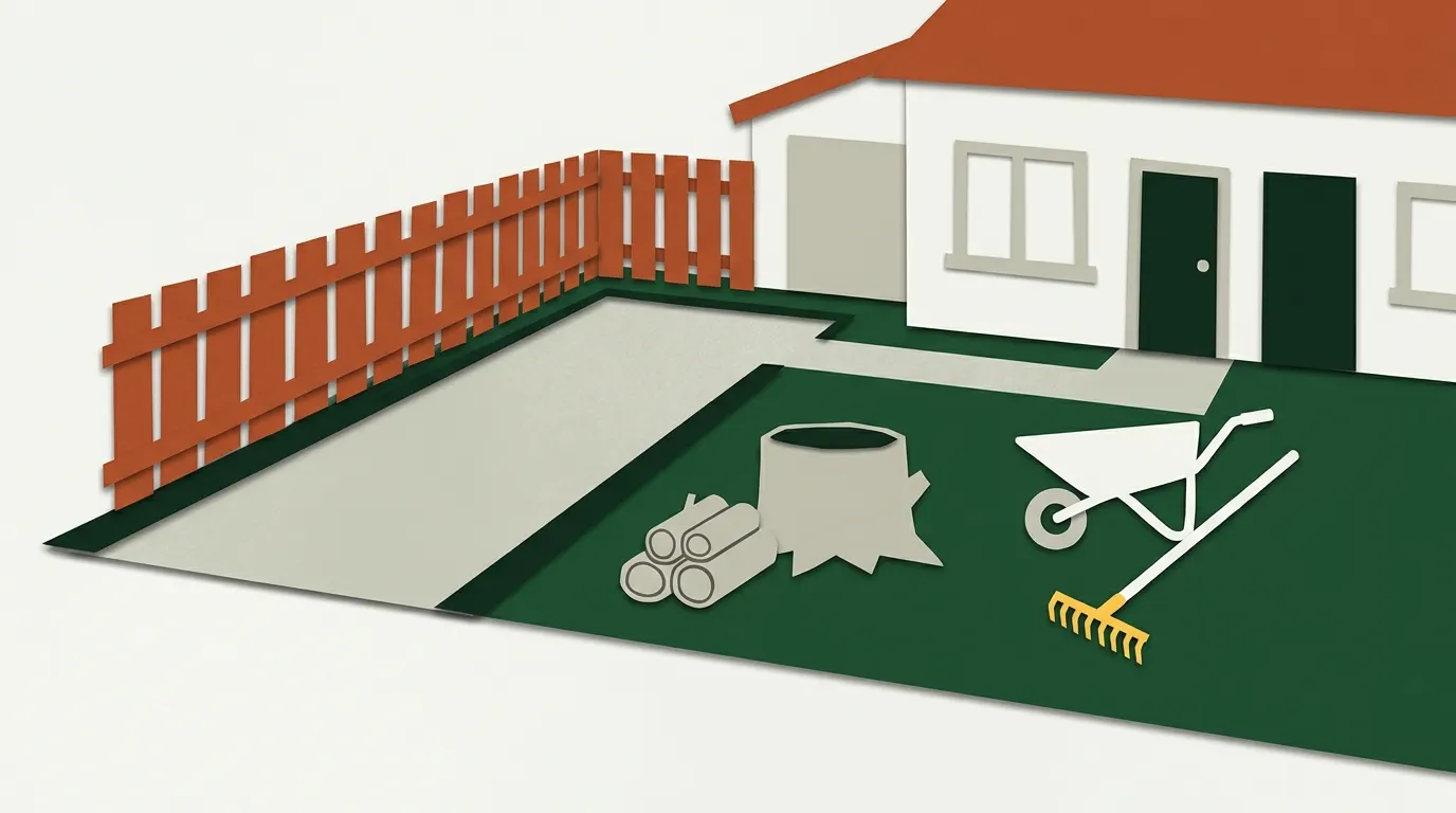 A front yard with a new gravel driveway, a wood privacy fence and a cut tree stump with logs